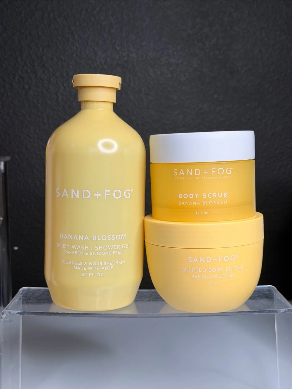 SAND+FOG Banana Blossom Body Wash, Scrub & Whipped Butter | Body Bundle Set of 3